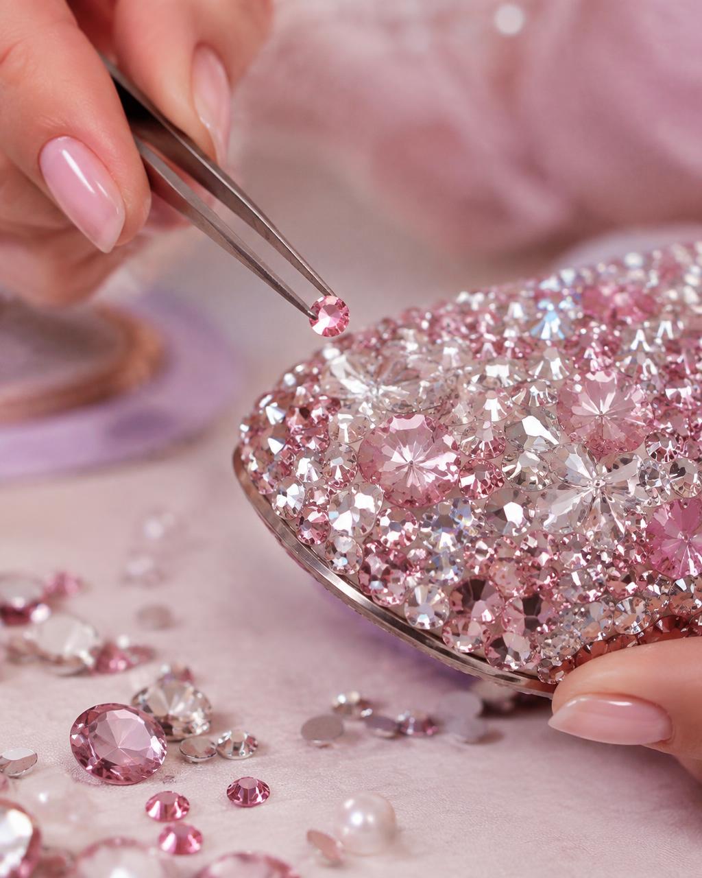 Close-up of a rhinestone being placed by hand